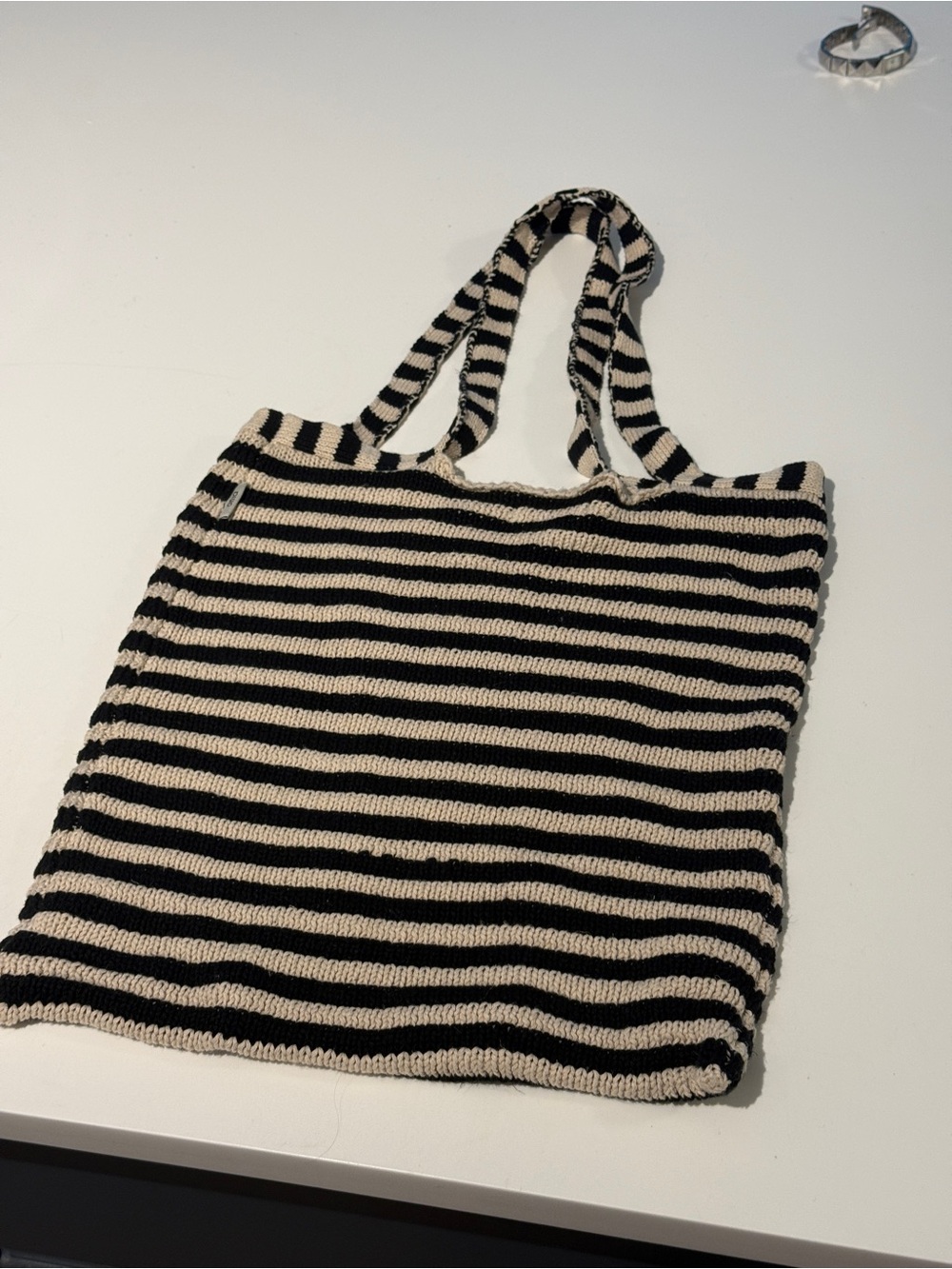 Onia Black and Cream Strped linen Knit Tote
